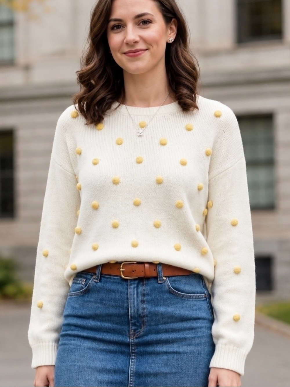 Talbots Cream Crewneck Sweater with Yellow Pom-Poms